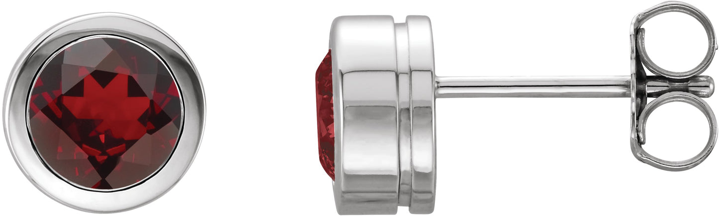 Round Bezel-Set Birthstone Stud Earrings - Natural Mozambique Garnet