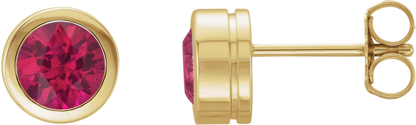 Round Bezel-Set Birthstone Stud Earrings - Natural Ruby