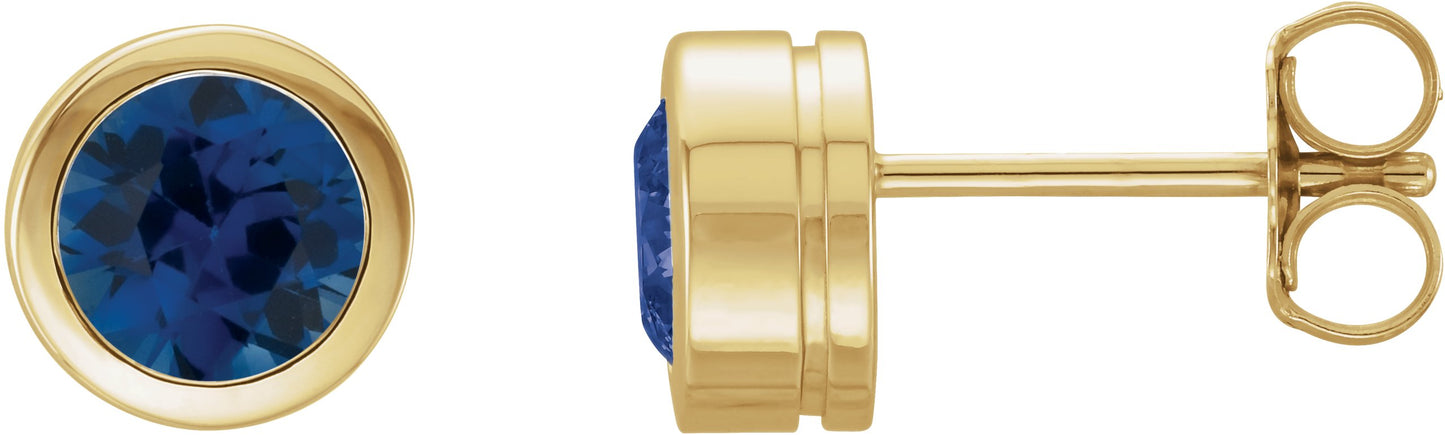 Round Bezel-Set Birthstone Stud Earrings - Natural Blue Sapphire