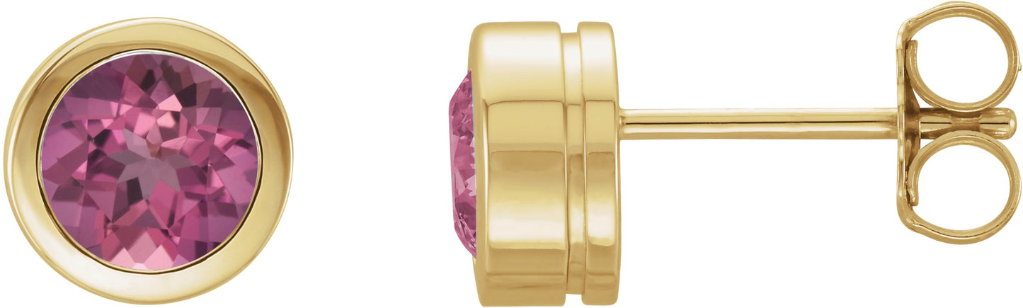 Round Bezel-Set Birthstone Stud Earrings - Natural Pink Tourmaline