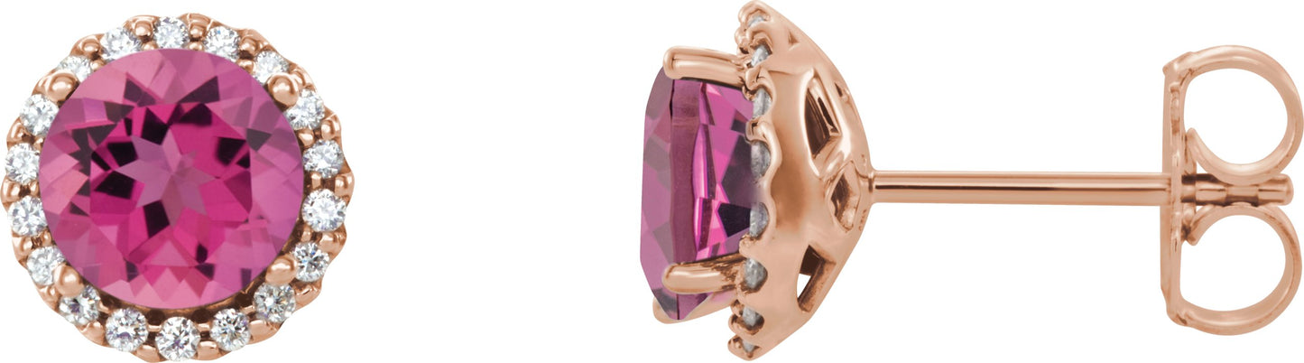 Round 4-Prong Halo-Style Earrings - Natural Pink Tourmaline