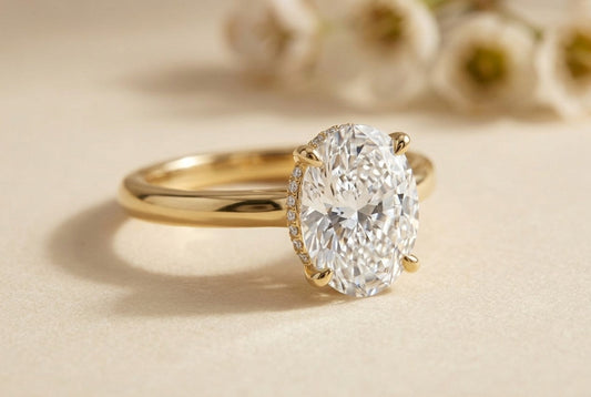 Oval diamond hidden halo engagement ring in 14K yellow gold with a plain polished band