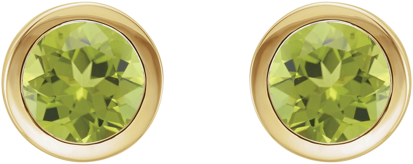 Round Bezel-Set Birthstone Stud Earrings - Natural Peridot