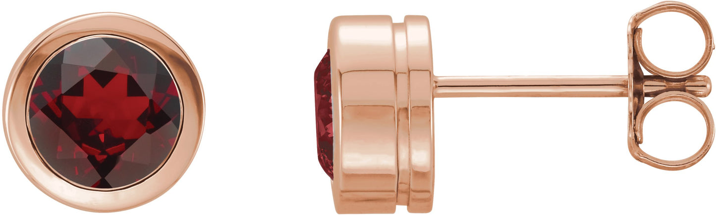 Round Bezel-Set Birthstone Stud Earrings - Natural Mozambique Garnet