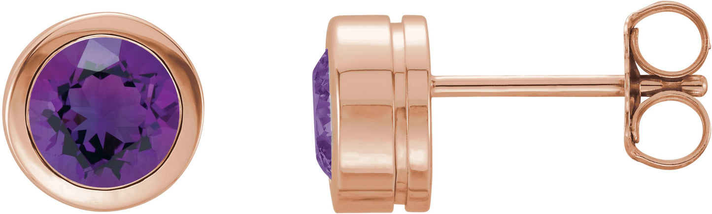 Round Bezel-Set Birthstone Stud Earrings - Natural Amethyst