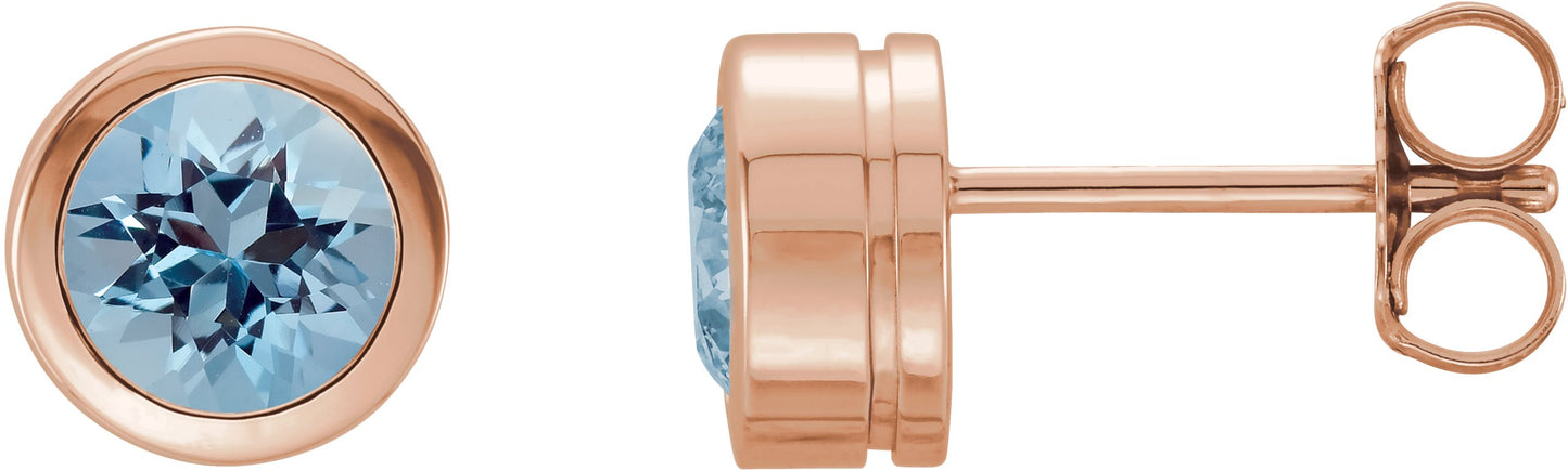 Round Bezel-Set Birthstone Stud Earrings - Natural Aquamarine