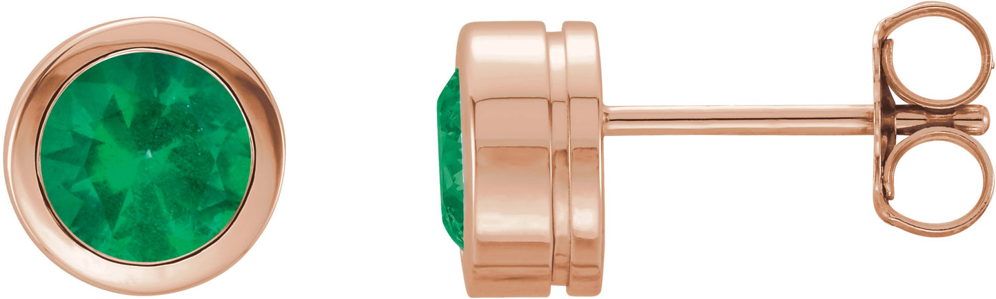 Round Bezel-Set Birthstone Stud Earrings - Natural Emerald