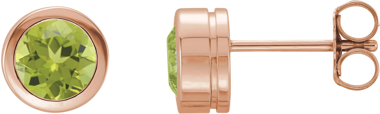 Round Bezel-Set Birthstone Stud Earrings - Natural Peridot