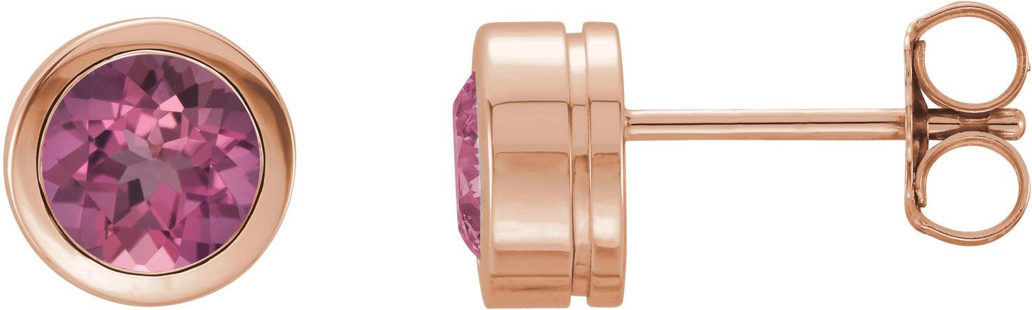 Round Bezel-Set Birthstone Stud Earrings - Natural Pink Tourmaline