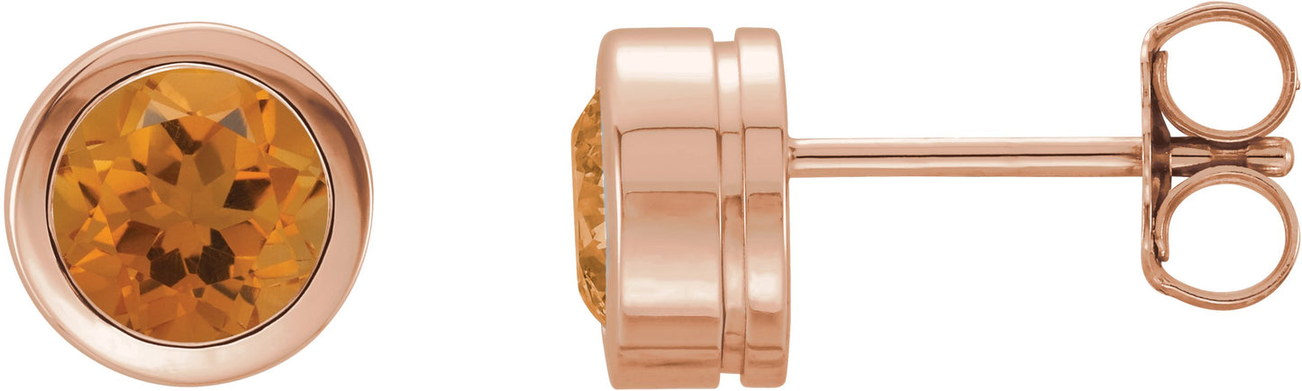 Round Bezel-Set Birthstone Stud Earrings - Natural Citrine