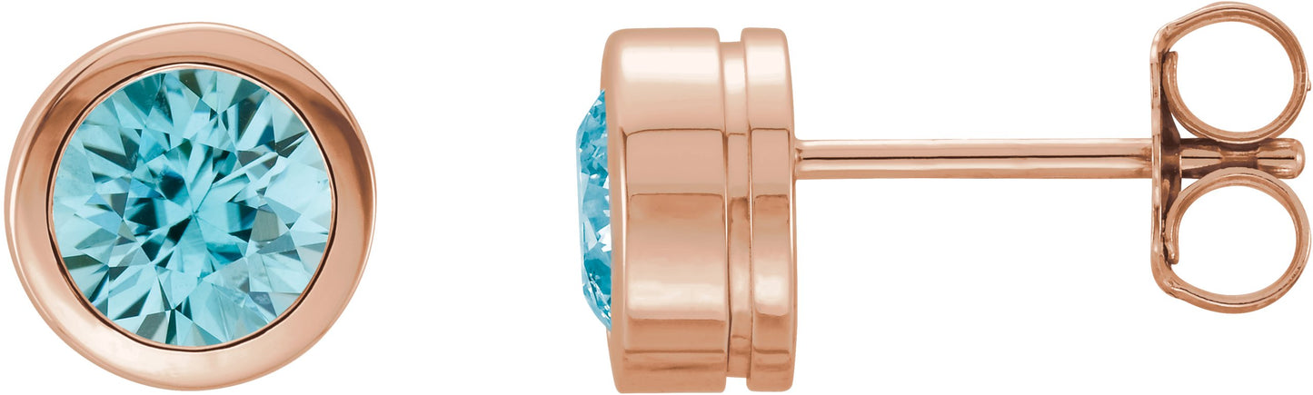 Round Bezel-Set Birthstone Stud Earrings - Natural Blue Zircon