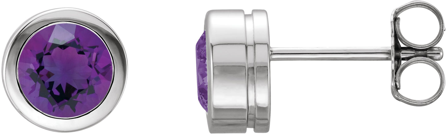 Round Bezel-Set Birthstone Stud Earrings - Natural Amethyst
