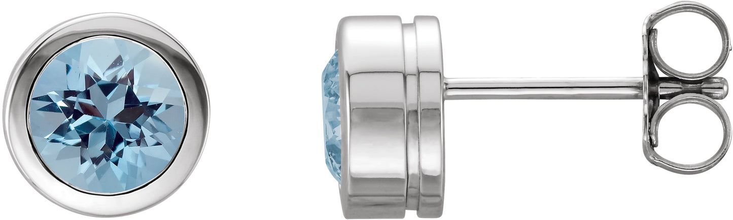 Round Bezel-Set Birthstone Stud Earrings - Natural Aquamarine
