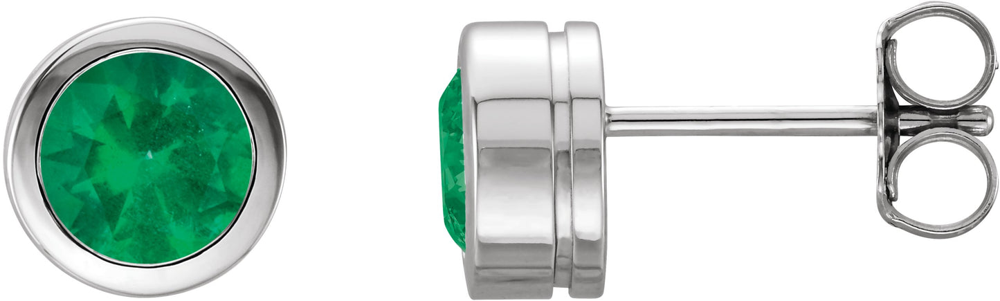 Round Bezel-Set Birthstone Stud Earrings - Natural Emerald