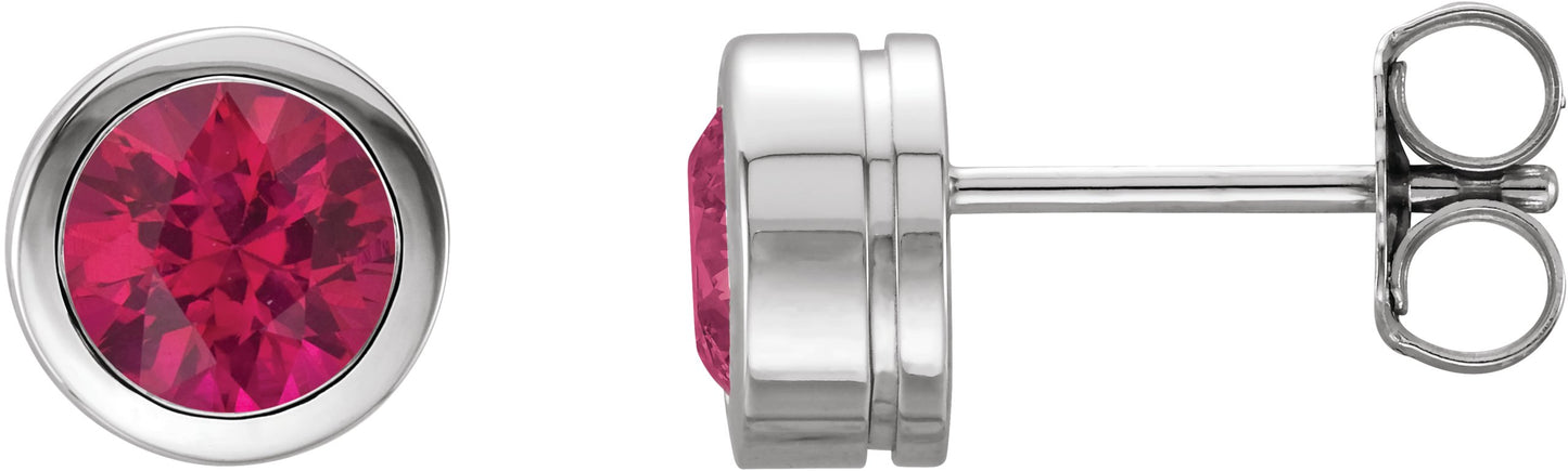 Round Bezel-Set Birthstone Stud Earrings - Natural Ruby