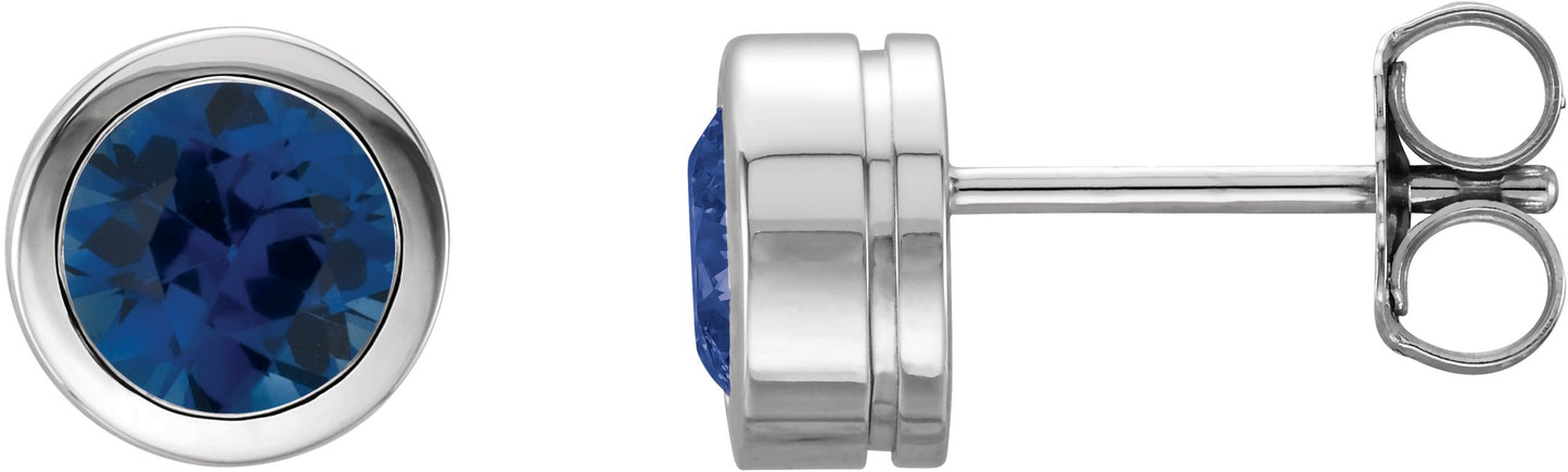 Round Bezel-Set Birthstone Stud Earrings - Natural Blue Sapphire