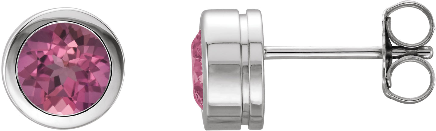 Round Bezel-Set Birthstone Stud Earrings - Natural Pink Tourmaline