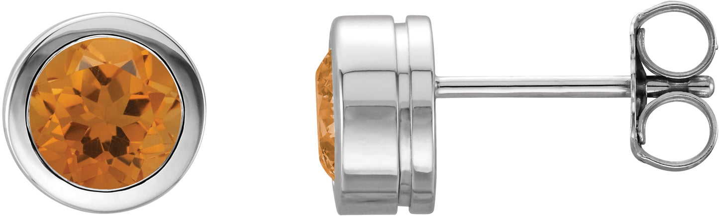 Round Bezel-Set Birthstone Stud Earrings - Natural Citrine