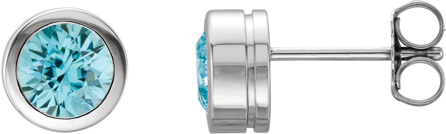 Round Bezel-Set Birthstone Stud Earrings - Natural Blue Zircon