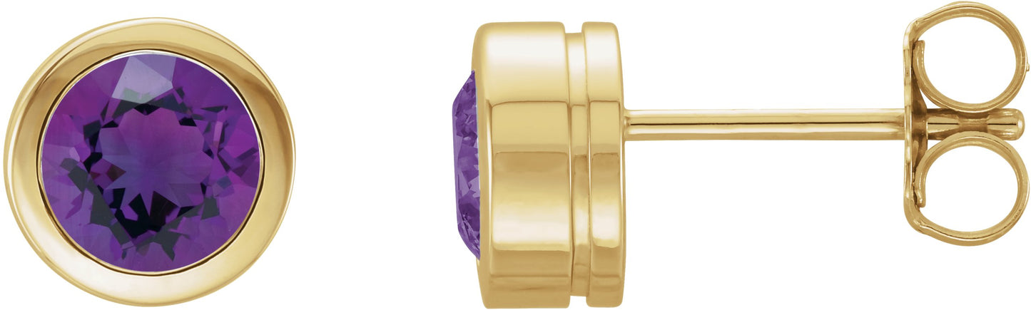 Round Bezel-Set Birthstone Stud Earrings - Natural Amethyst