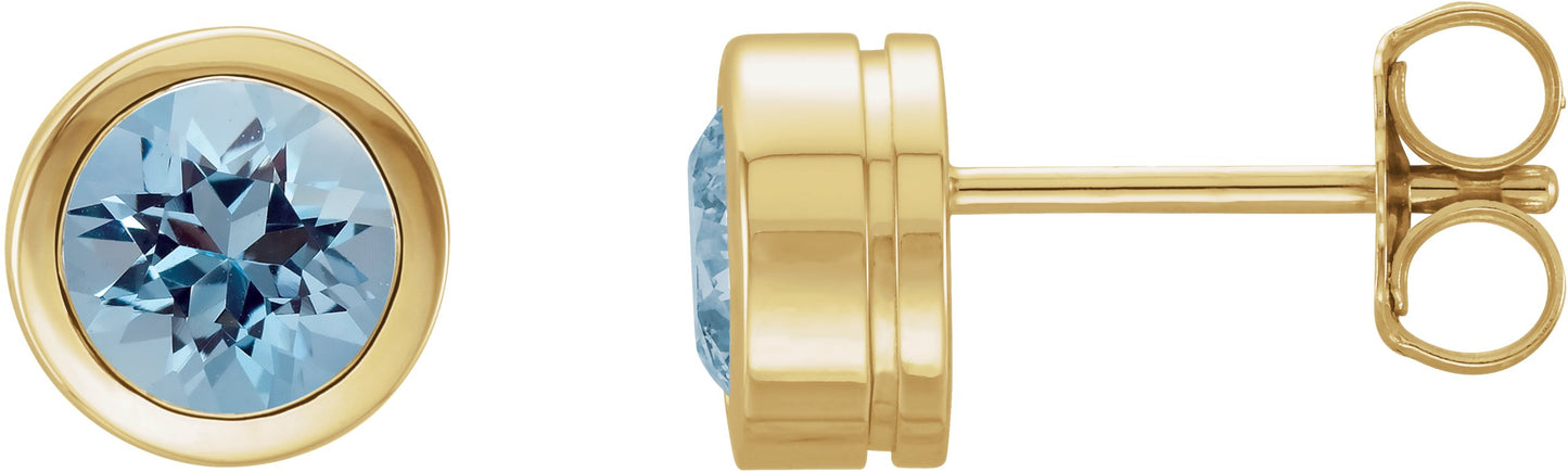 Round Bezel-Set Birthstone Stud Earrings - Natural Aquamarine