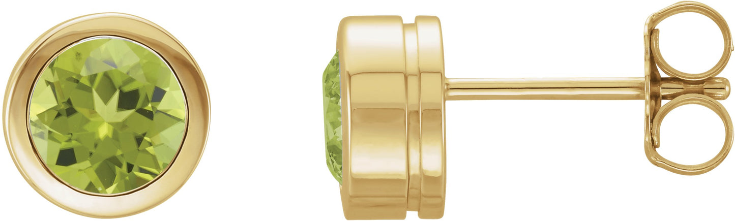 Round Bezel-Set Birthstone Stud Earrings - Natural Peridot