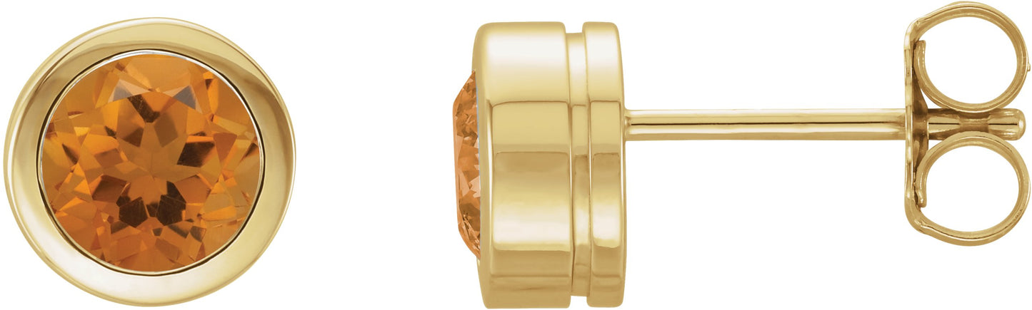 Round Bezel-Set Birthstone Stud Earrings - Natural Citrine