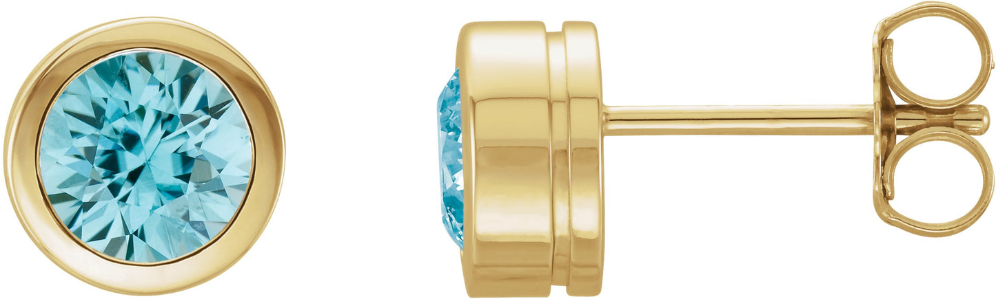 Round Bezel-Set Birthstone Stud Earrings - Natural Blue Zircon