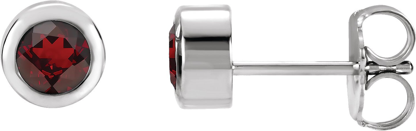 Round Bezel-Set Birthstone Stud Earrings - Natural Mozambique Garnet