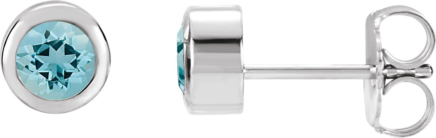 Round Bezel-Set Birthstone Stud Earrings - Natural Aquamarine