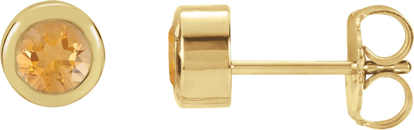 Round Bezel-Set Birthstone Stud Earrings - Natural Citrine