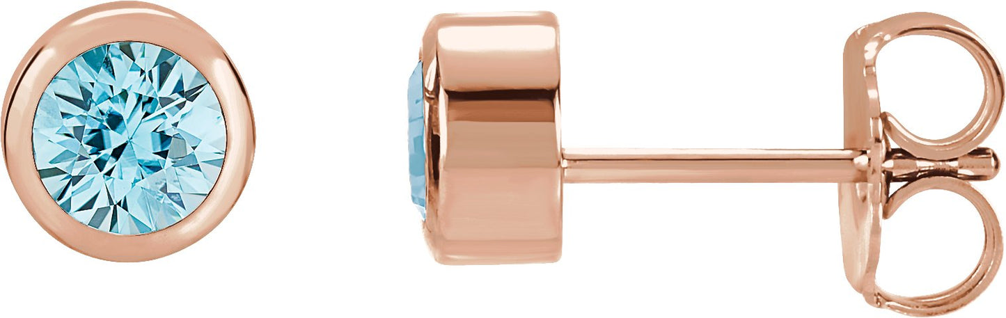 Round Bezel-Set Birthstone Stud Earrings - Natural Blue Zircon