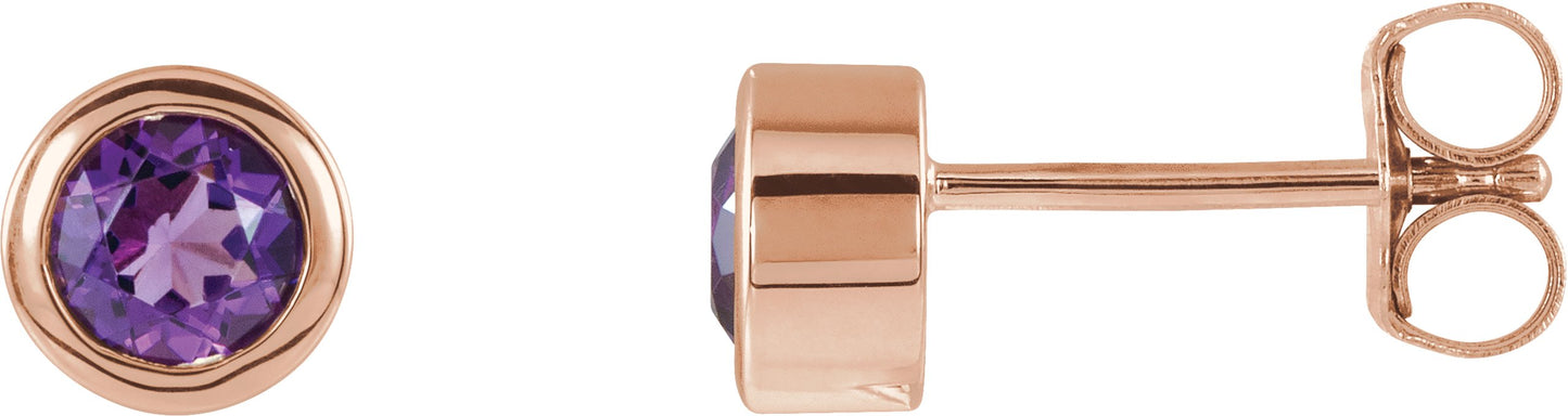 Round Bezel-Set Birthstone Stud Earrings - Natural Amethyst