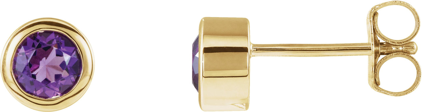 Round Bezel-Set Birthstone Stud Earrings - Natural Amethyst