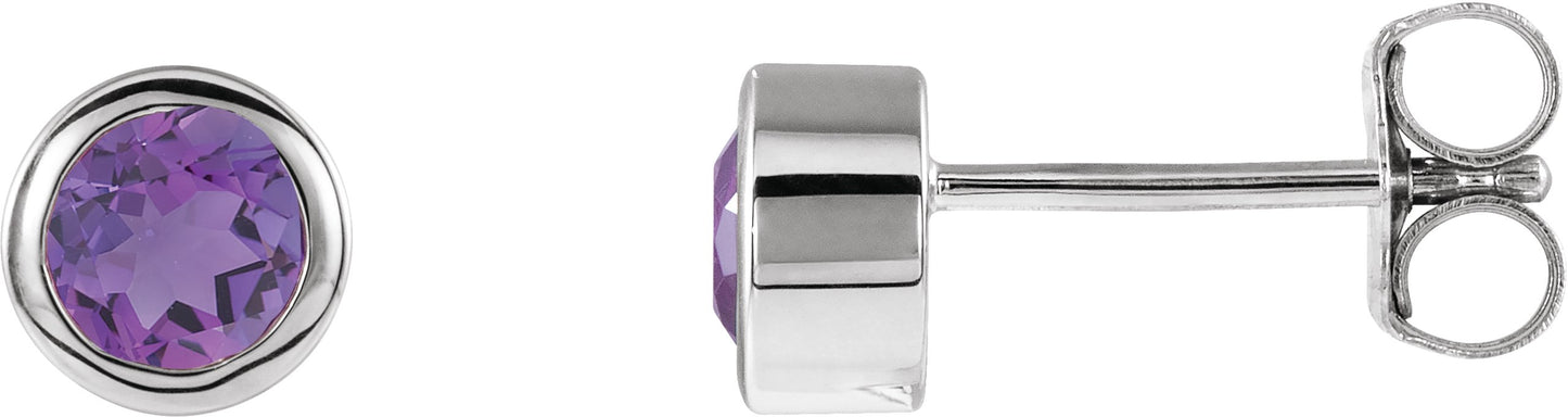 Round Bezel-Set Birthstone Stud Earrings - Natural Amethyst
