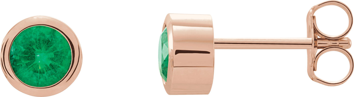 Round Bezel-Set Birthstone Stud Earrings - Natural Emerald