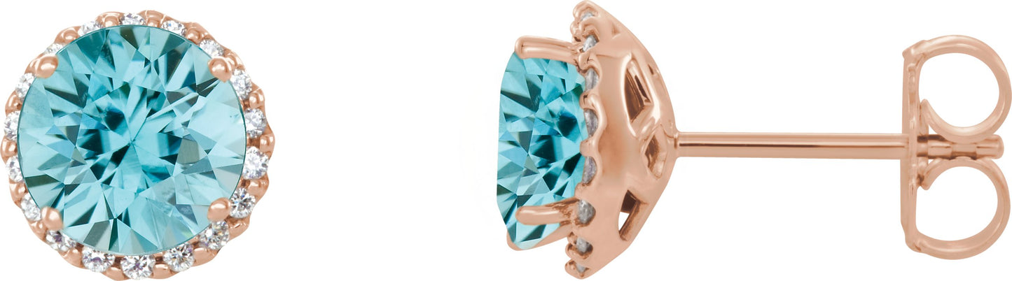 Round 4-Prong Halo-Style Earrings - Natural Blue Zircon