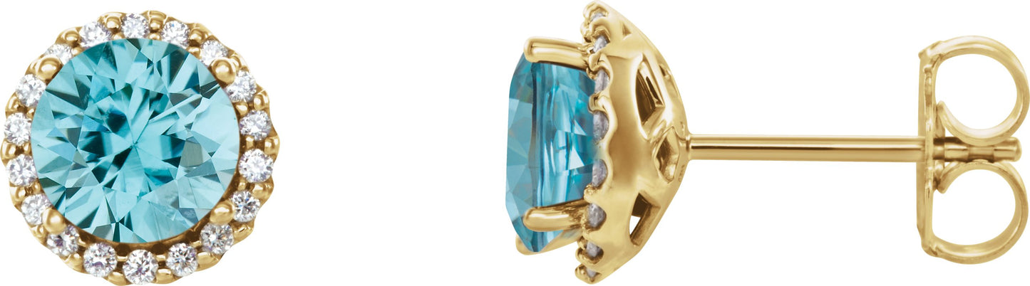 Round 4-Prong Halo-Style Earrings - Natural Blue Zircon