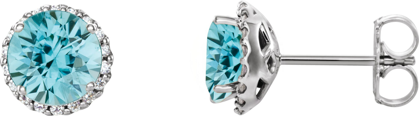 Round 4-Prong Halo-Style Earrings - Natural Blue Zircon