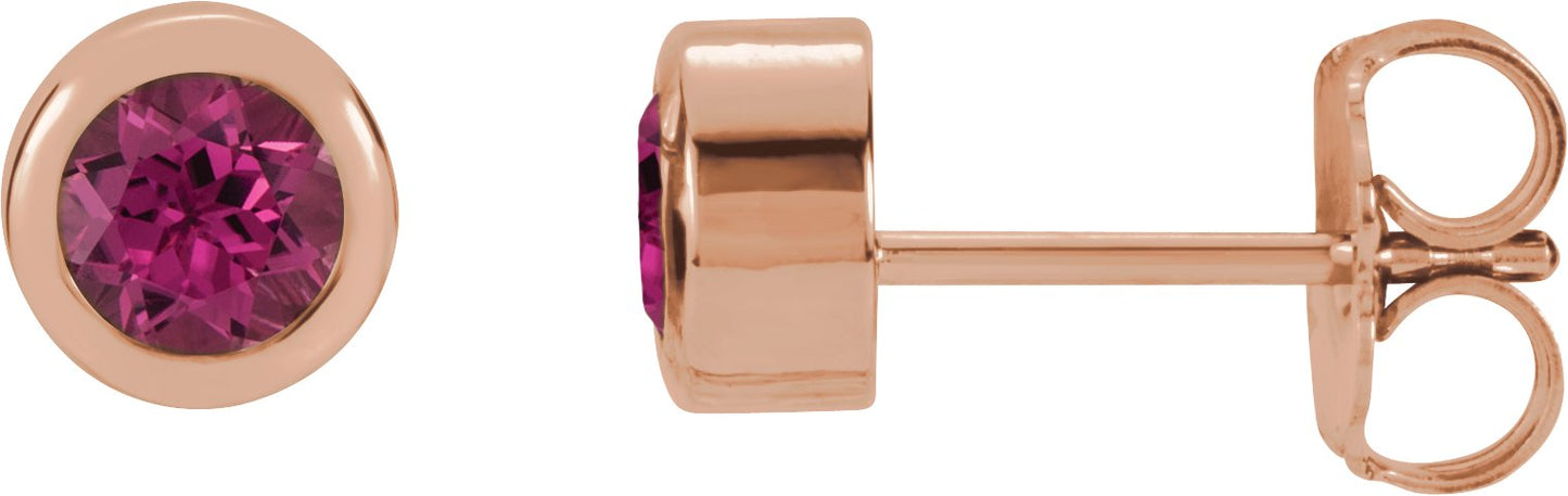 Round Bezel-Set Birthstone Stud Earrings - Natural Pink Tourmaline