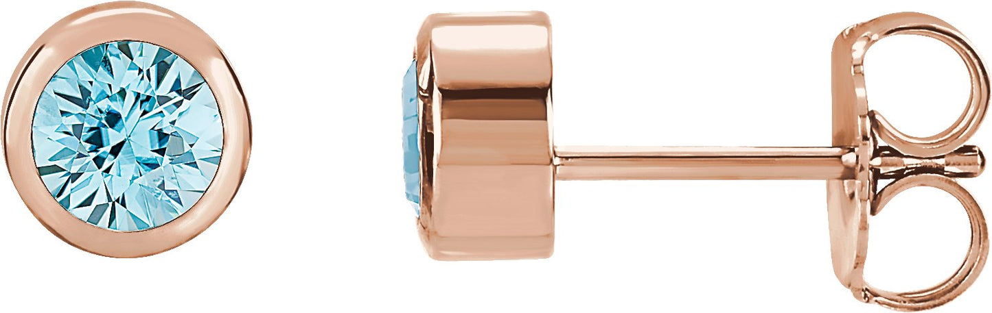 Round Bezel-Set Birthstone Stud Earrings - Natural Aquamarine