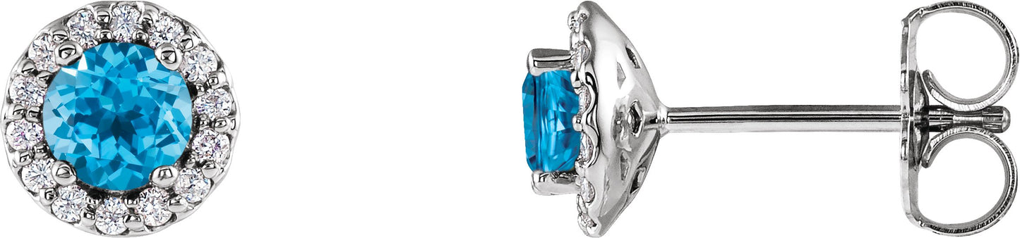 Round 4-Prong Halo-Style Earrings - Natural Swiss Blue Topaz