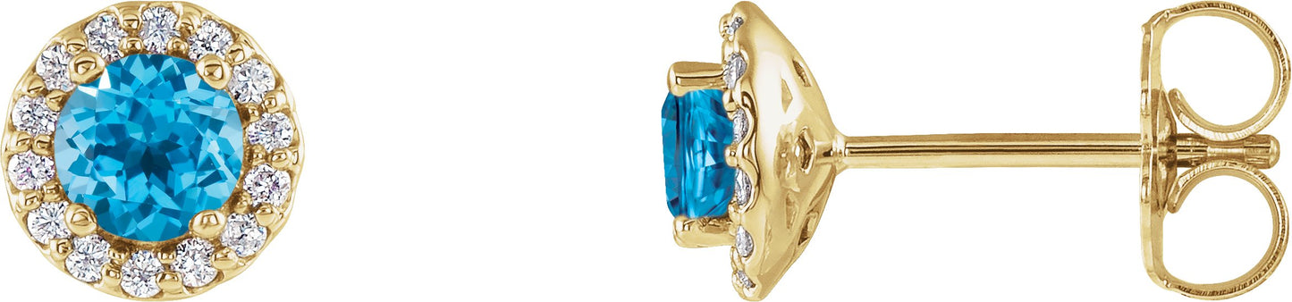 Round 4-Prong Halo-Style Earrings - Natural Swiss Blue Topaz