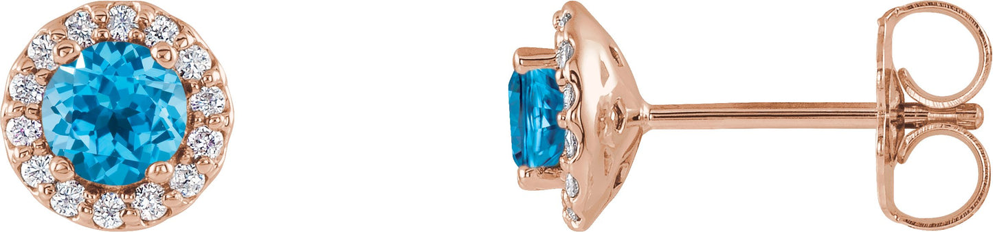 Round 4-Prong Halo-Style Earrings - Natural Swiss Blue Topaz